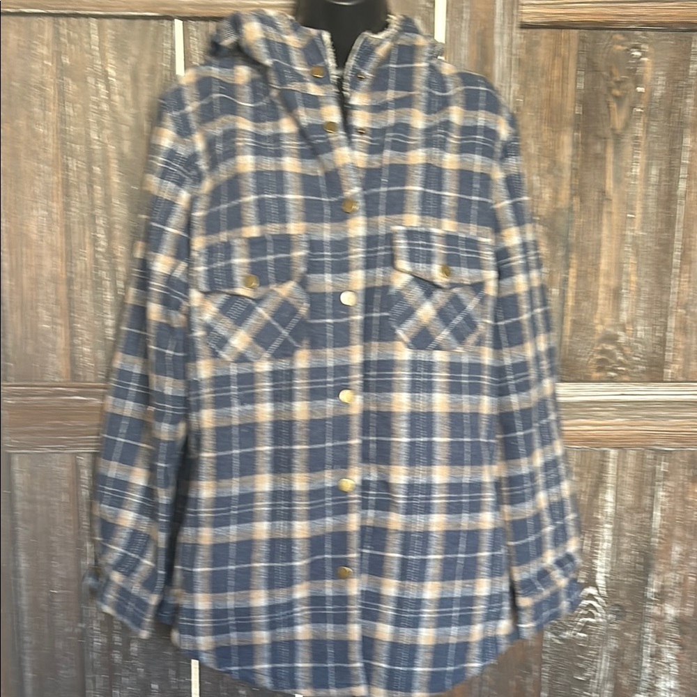 Utility Jacket in Blue and Cream with Plaid Pattern and Relaxed Fit